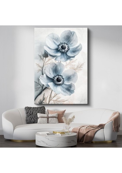 Mavi Anemonlar - Soft Pastel Tonlarda Çiçek İkilisi Kanvas Tablo