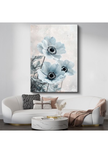 Buz Mavisi Gelincikler - Minimalist Çiçek Portresi Kanvas Tablo