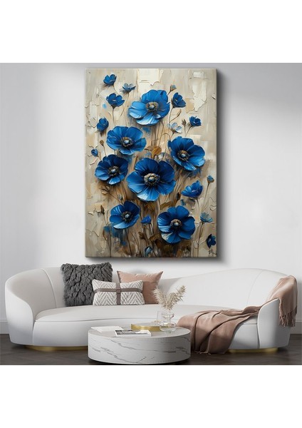 Mavi Gelincikler - Dokulu Boya Tekniğiyle Çiçek Buketi Kanvas Tablo