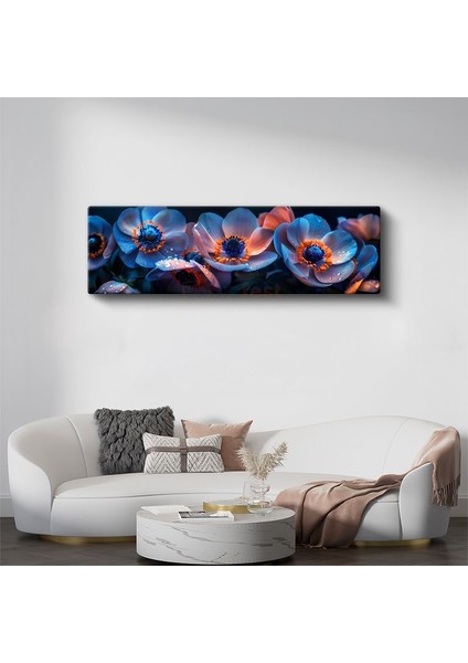 Mavi Anemonlar - Çiy Damlacıklı Panoramik Çiçek Serisi Kanvas Tablo
