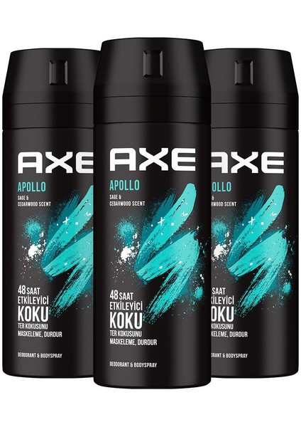 Erkek Sprey Deodorant Apollo 48 Saat Etkileyici Koku Vücut Spreyi 150 ml X3 Adet