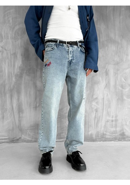 Erkek Slogan Işlemeli Baggy Jean Pantolon Mavi