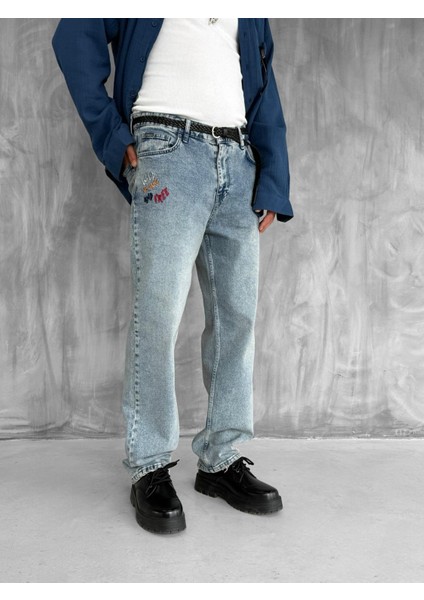 Erkek Slogan Işlemeli Baggy Jean Pantolon Mavi