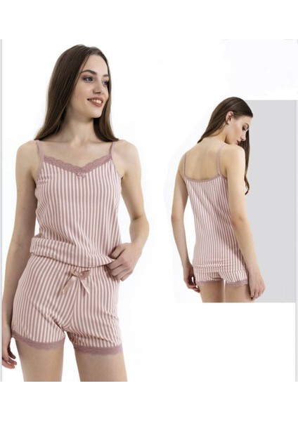 Ince Askılı Şortlu Pamuklu Pijama Takımı Dantel Detaylı