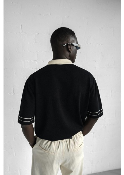 Erkek Kontrast Polo Yaka Premium Regular Fit T-Shirt Siyah fırsatları
