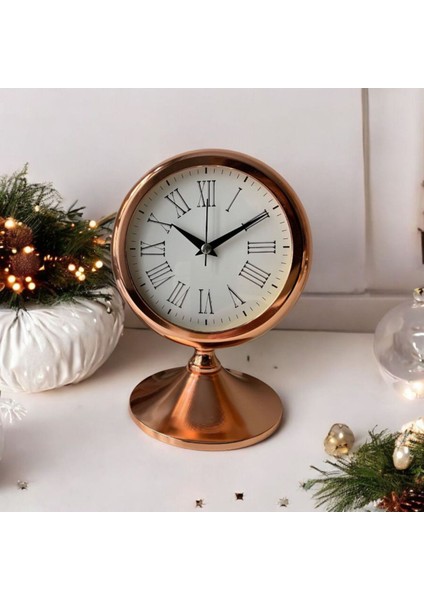 Bakır Renkli Metal Roma Rakamlı Ofis Salon Otel Masa Saati 17*23 cm E4