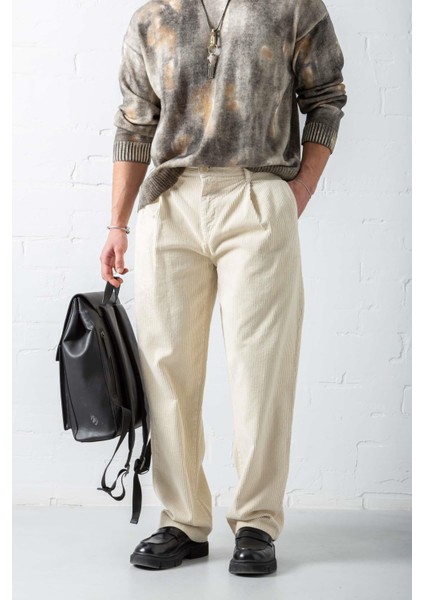 Erkek Baggy Fit Kadife Pantolon Krem