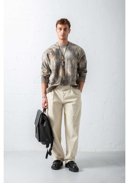 Erkek Baggy Fit Kadife Pantolon Krem