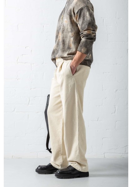 Erkek Baggy Fit Kadife Pantolon Krem