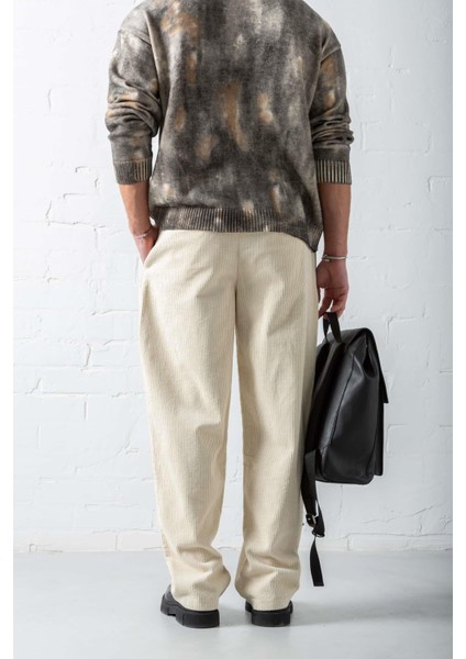 Erkek Baggy Fit Kadife Pantolon Krem