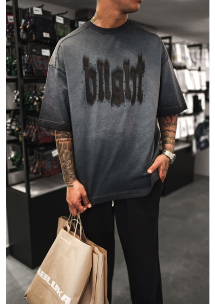 Erkek Baskılı Yıkamalı Oversize T-Shirt Siyah