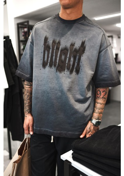 Erkek Baskılı Yıkamalı Oversize T-Shirt Siyah