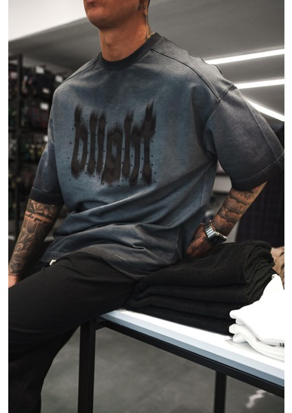 Erkek Baskılı Yıkamalı Oversize T-Shirt Siyah