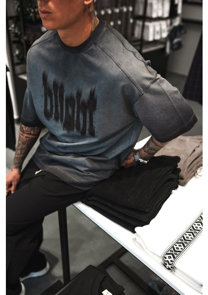 Erkek Baskılı Yıkamalı Oversize T-Shirt Siyah