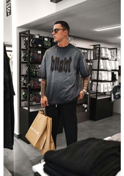 Erkek Baskılı Yıkamalı Oversize T-Shirt Siyah