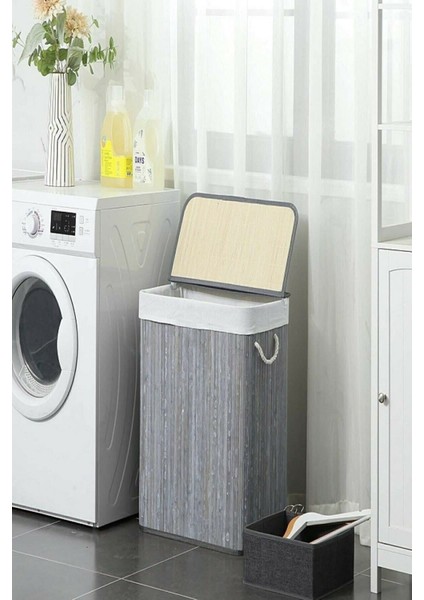 El Yapımı Bambu Çamaşır Sepeti, 60 L, Füme/Gri, doğal ve şık tasarım fırsatları