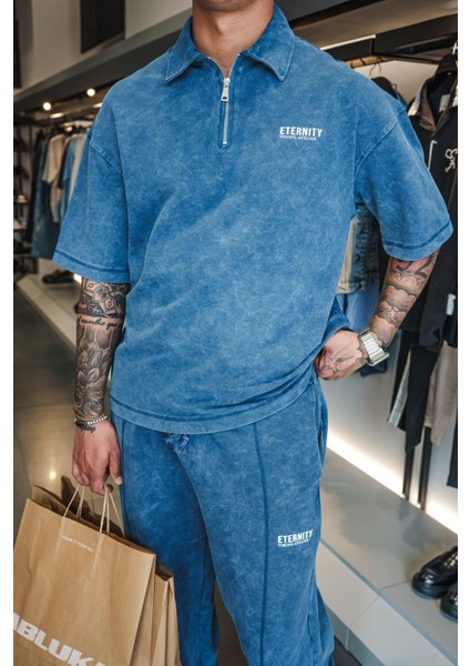 Erkek Polo Yaka Yıkamalı Oversize T-Shirt Mavi
