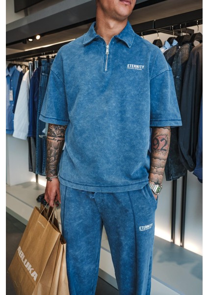 Erkek Polo Yaka Yıkamalı Oversize T-Shirt Mavi fiyatları