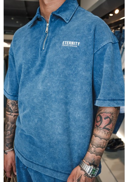 Erkek Polo Yaka Yıkamalı Oversize T-Shirt Mavi modelleri