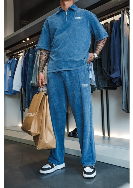 Erkek Polo Yaka Yıkamalı Oversize T-Shirt Mavi fırsatları