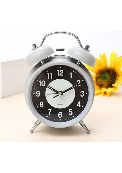 Fosforlu ve Işıklı Çalar Saat Ev Ofis Aksesuar Nostaljik Masa Saat Gri