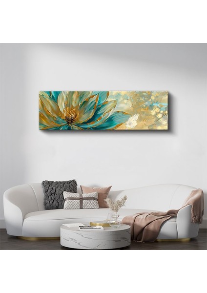 Turkuaz Nilüfer - Altın Detaylı Yağlı Boya Tarzı Çiçek Kompozisyonu Kanvas Tablo