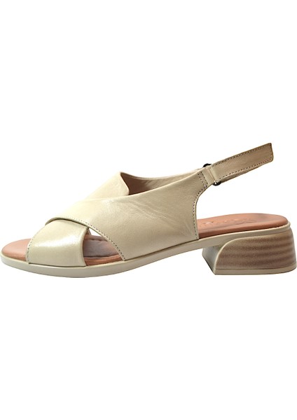 10215 Deri Bej & Siyah Anatomik Kısa Topuklu Kadın Sandalet