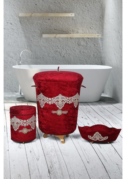 Golden Bordo 3'lü Çeyizlik Dantelli Banyo Kirli Çamaşır Sepeti Seti