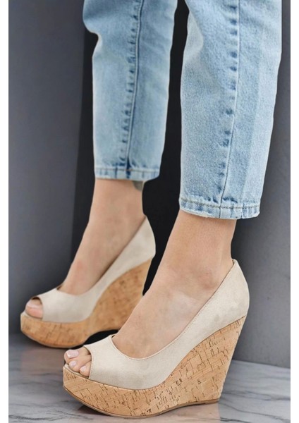 Kadın Elegant Ayakkabı Burun Açık Dolgu Topuklu Ayakkabı Özel Tasarım Abiye Ayakkabı