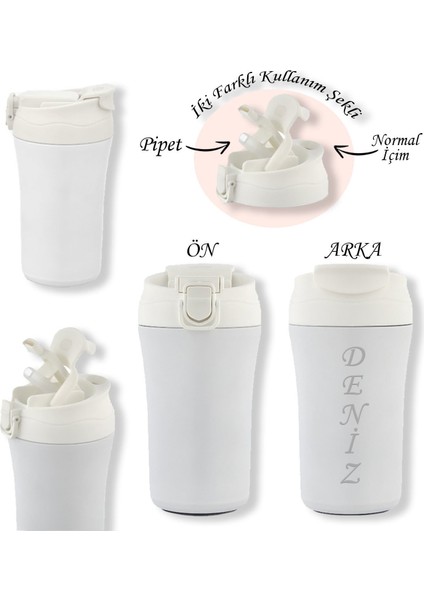 Kişiye Özel Isimli 5335 Paslanmaz Beyaz Çelik Termos Mug 400ml, Vakumlu Termos Bardak