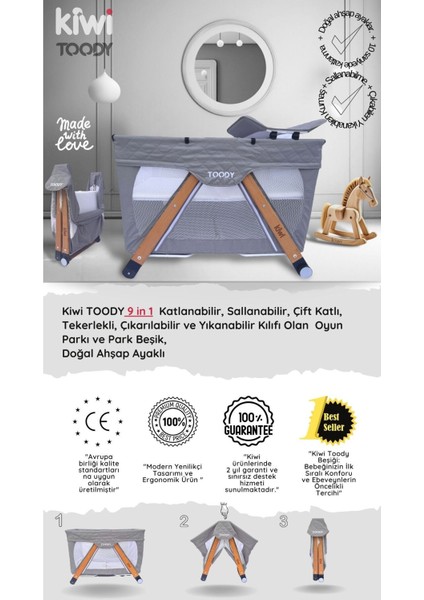 Toody Park Beşik All In One Katlanır Tekerlekli Sallanır Sabitlenir Anne Yanı Oyun Parkı Beşik-Vizo