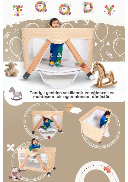 Toody Park Beşik All In One Katlanır Tekerlekli Sallanır Sabitlenir Anne Yanı Oyun Parkı Beşik-Vizo