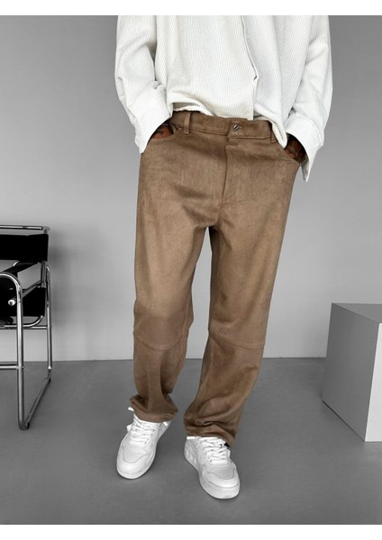 Erkek Baggy Geniş Kalıp Geniş Paça Süet Basic Pantolon Bej