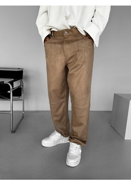 Erkek Baggy Geniş Kalıp Geniş Paça Süet Basic Pantolon Bej fiyatları