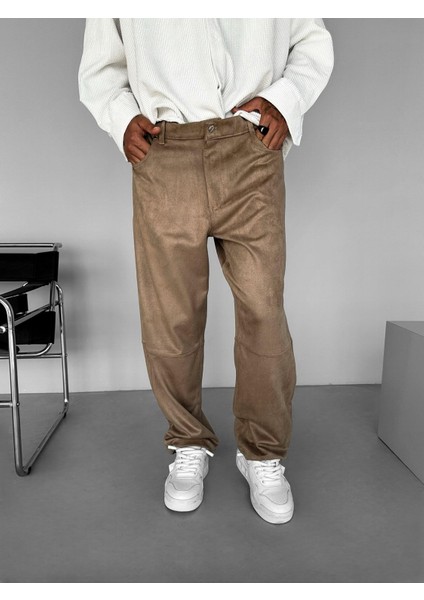 Erkek Baggy Geniş Kalıp Geniş Paça Süet Basic Pantolon Bej modelleri