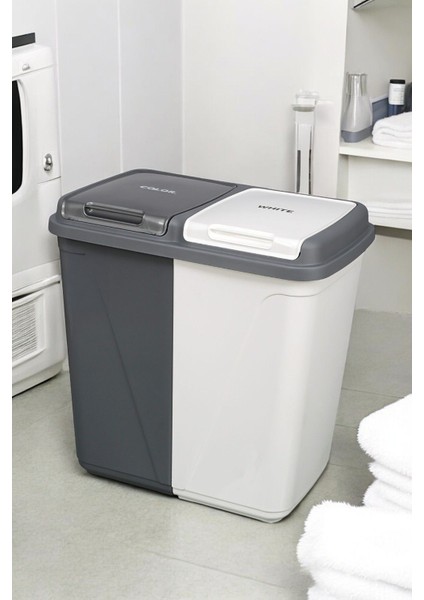 İki Bölmeli Kapaklı Çok Amaçlı Çamaşır Sepeti, 90 L, Gri, Plastik, Düzenli Saklama