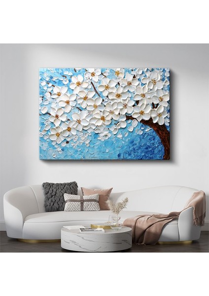 Beyaz Çiçek Ağacı - Kabartmalı Dokulu Sanat Eseri Kanvas Tablo