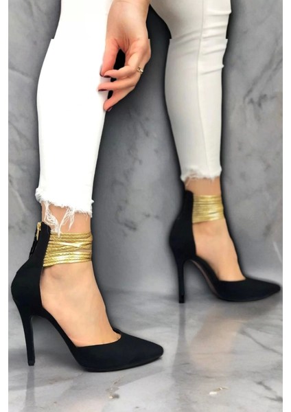 Kadın Altın Bileklik Detaylı Topuklu Ayakkabı Sivri Burun Ince Topuk Model
