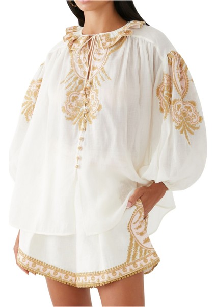 Yaz Için Şık Nakışlı Ramie Gömlek indirimleri