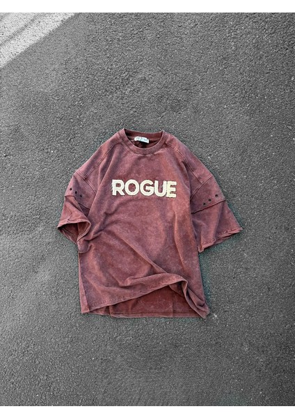Erkek Yıkamalı Nakışlı Oversize T-Shirt Kahve