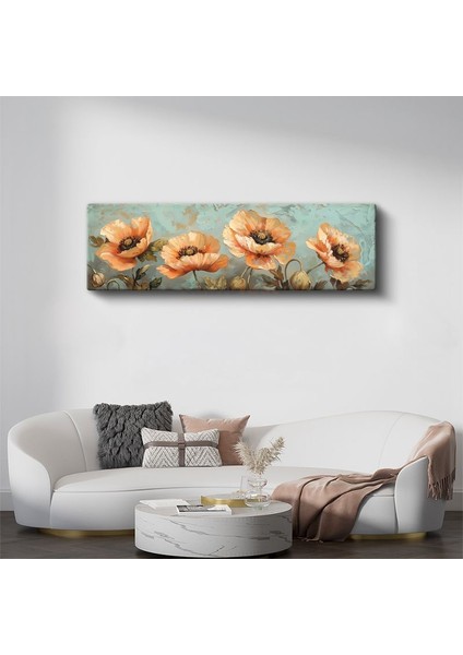 Turuncu Gelincikler - Pastel Mavi Arka Planlı Yağlı Boya Tarzı Çiçek Serisi Kanvas Tablo