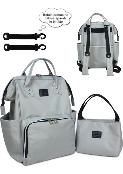 Yumuşak Gri Bebek Çantası ve Mini Termal Çanta - Tekstil Sırt Çantası - Bebek ve Anne İçin Pratik Çözüm