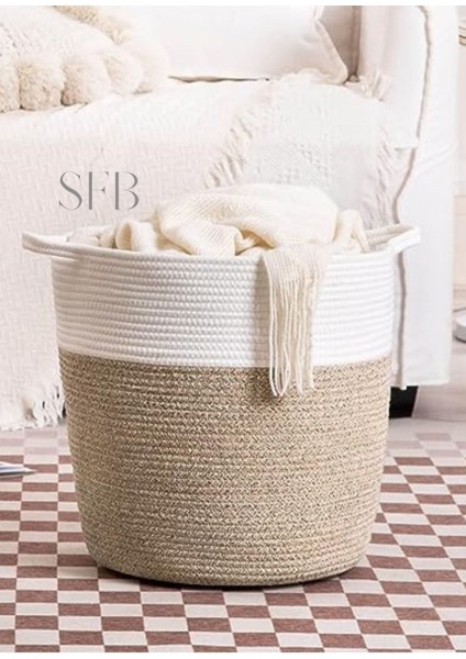 Beyaz Hasır Dekoratif Sepet 30x30cm, Organizer ve Saksı İçin Uygun, Jüt Materyal