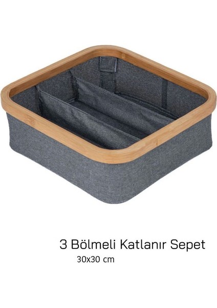Çırağan Home Bambu Kenarlı Kumaş 3 Bölmeli Çamaşır Sepeti & Organizer & Düzenleyici