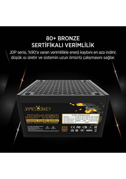 James Donkey JDP1050 Apfc 12CM 1050W Bronze 80+ Atx 3.1 Pcı-E 5.1 Power Supply