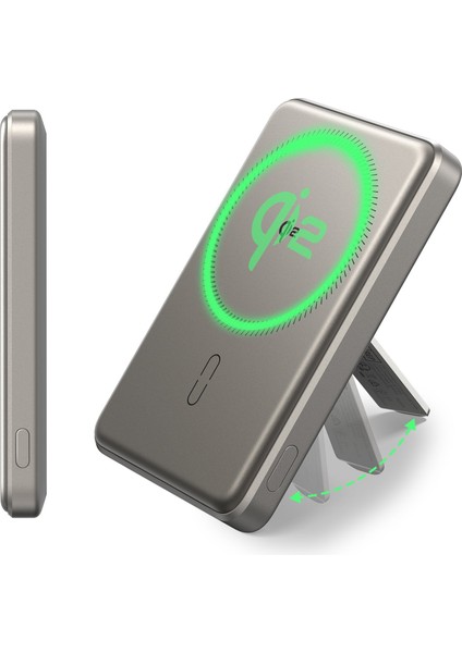 5000 Mah Taşınabilir Şarj Cihazı Halolock Qi2 Kickstand Magsafe Standlı Powerbank - Titanium