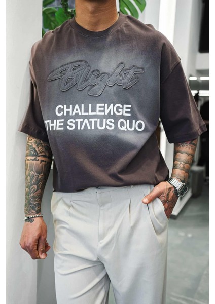 Erkek Oversize Baskılı Yıkamalı T-Shirt Kahverengi