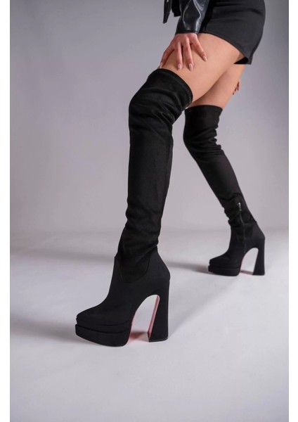 Kadın Elegant Ayakkabı Çift Platform Yüksek Topuklu Diz Üstü Çizme Tasarım Abiye Ayakkabı