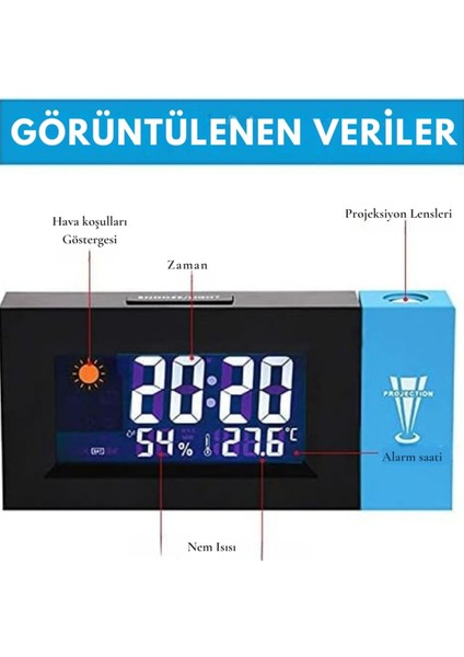 Projeksiyonlu Masa Saati Derece Nem Tarih Göstergeli Çalar Saat Alarm Duvara Yansıtmalı Saat