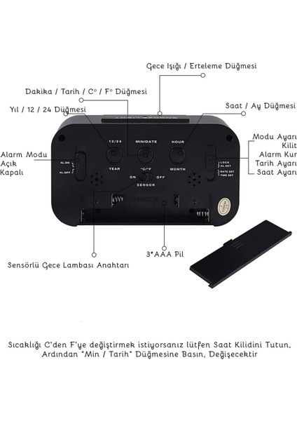 Dijital Alarmlı Çalışma Masası Saati LED Ekran Pilli Çalar Saat Siyah Renk indirimleri